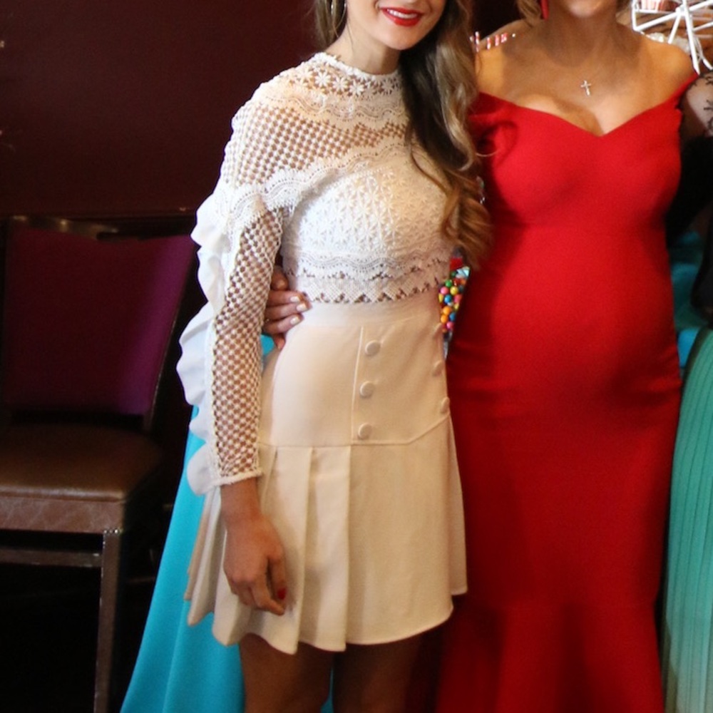 Self-Portrait White Lace Dress with Pleated Buttoned Skirt